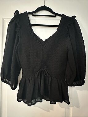 Black Ruffled Peplum V-Neck Women's Top